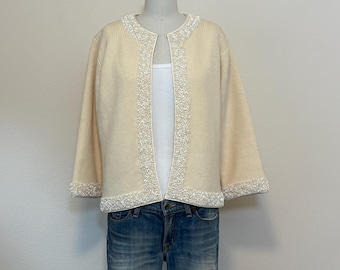 Vintage 1960s Beaded Cardigan, 60s Cream Sequin Wool Sweater, Spring Fashion