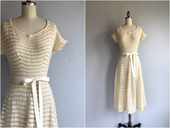 Vintage 50s Hand Knit Sweater Dress / 1950s Cream