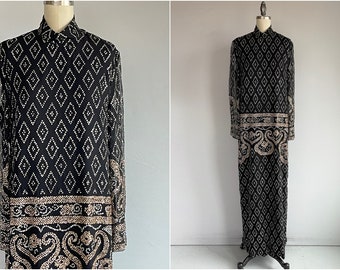 Vintage 70s Silk Maxi Dress / 1970s Black Silk Gauze Glitter Border Evening Dress / Jon Mandl John Doyle Bishop