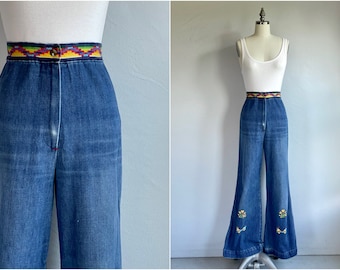 Vintage 70s Embroidered Saddle Back Jeans, 1970s High Waist Wide Leg Denim Hippie Jeans, Hand Embroidery, Clearance Vintage