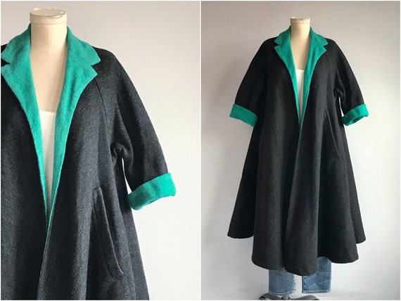 Vintage 50s Pauline Trigere Coat / 1950s Black Woo