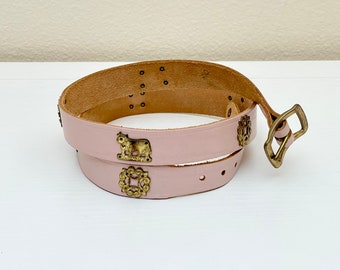 Vintage 60s Leather Belt, 60s Pink Leather Novelty Belt with Brass Animal Figures, Spring Fashion