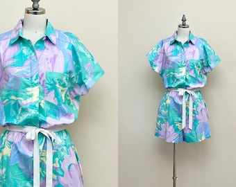 Vintage 1980s Shorts Romper, 80s Novelty Floral Tropical Print Short Jumpsuit Play Suit, Spring Beach Fashion