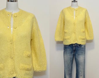 Cárdigan de mohair vintage de los años 60, cárdigan de lana amarillo pálido tejido a mano de los años 60,