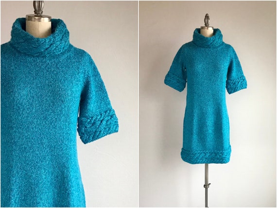 Vintage 60s Sweater Dress / 1960s Hand Knit Turquo