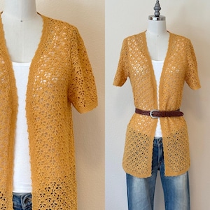 Vintage 70s Crochet Cardigan, 1980s Hand Made Gold Lace Knit Open Front Sweater, Spring Fashion