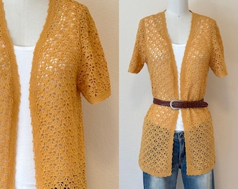 Vintage 70s Crochet Cardigan, 1980s Hand Made Gold Lace Knit Open Front Sweater, Spring Fashion