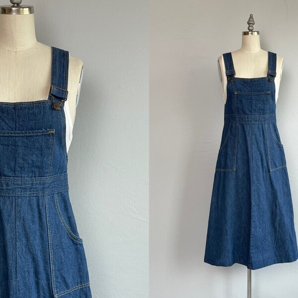 Vintage 1970s Gap Denim Overall Jumper / 70s Indigo Blue Jumper / Overall Dress