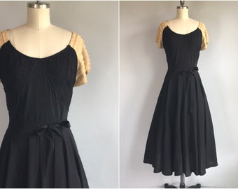 Vintage 40s Dress/ 1940s Black Rayon Dress with Gold Lame Sleeves