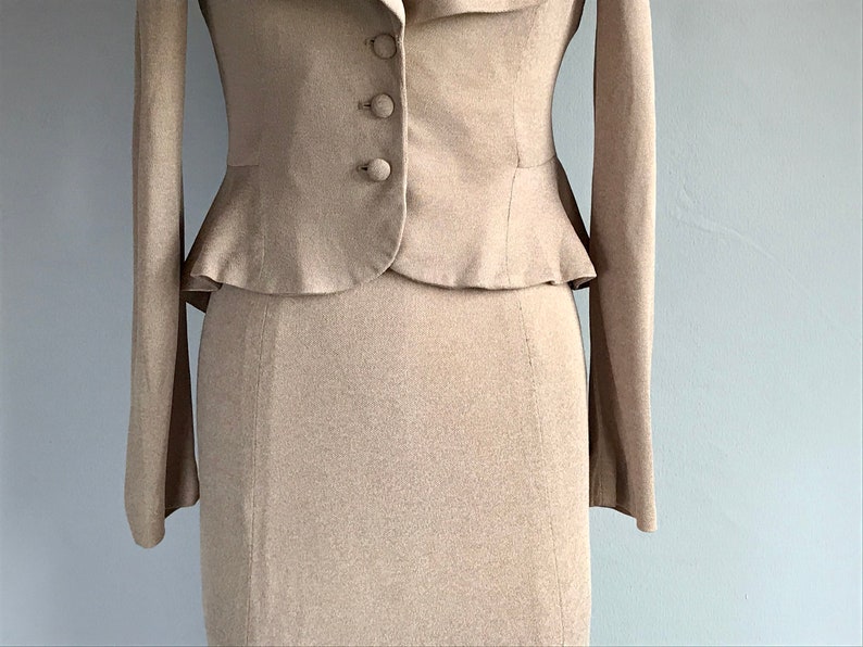 Vintage 70s Young Innocent Maxi Dress Set 1970s Arpeja Tan Jersey Lace Trimmed with Fitted Peplum Jacket 70s does 30s