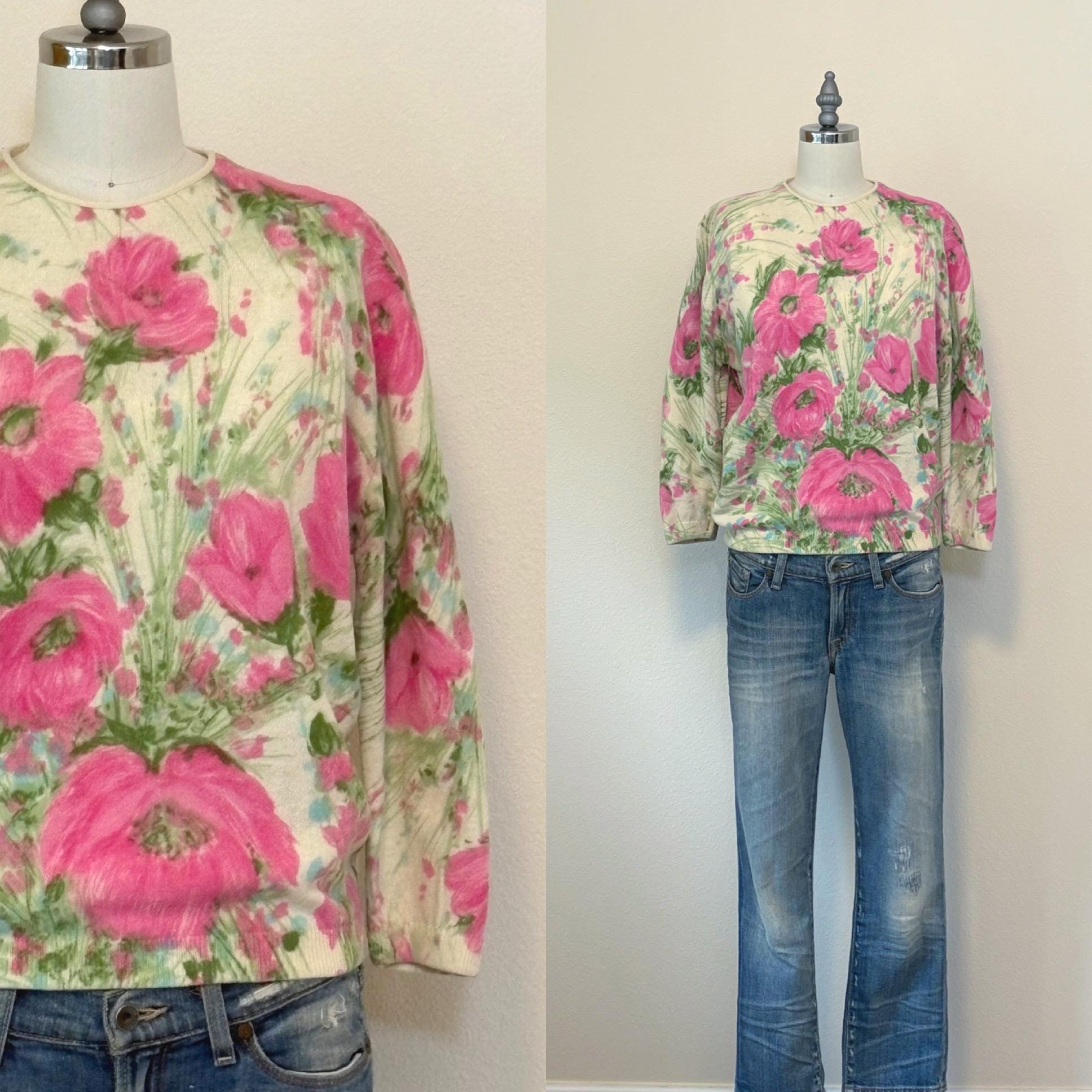 Vintage 1960s Sweater, 60s Watercolor Floral Print Lambswool Pullover by Darlene, Pink Patterned Top, Visible Mending