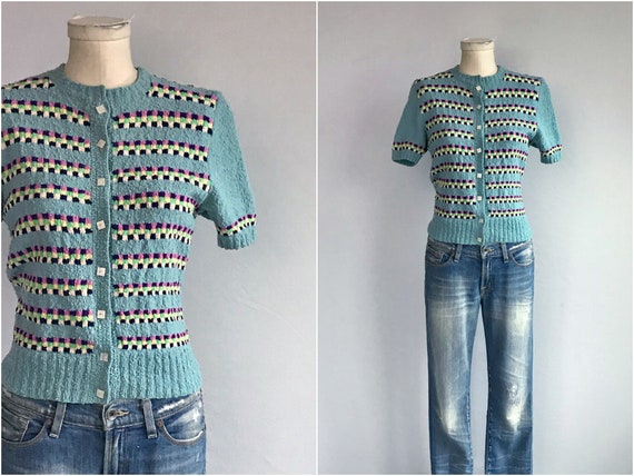 Vintage 40s Sweater / 1940s Hand Knit Color Block