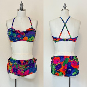 Vintage 1960s Bikini Swim Suit, 60s Ruffled Two Piece Neon Bright Colored Psychedelic Print, Bathing Suit