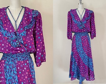 Vintage 80s Ruffled Chiffon Dress, 1980s Patchwork Silky Dress, Spring Fashion, Turquoise Purple Print Dress