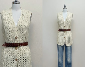 Vintage 70s Wool Fisherman Sweater, 1970s Hand Knit Cream Cable Knit Sweater Vest, Made in Portugal