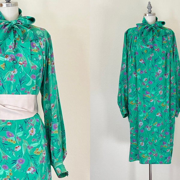 Vintage Ungaro Silk Dress, 1980s Bright Green Floral Print Cocoon Dress, Kitten Bow, Designer Emanuel Ungaro Solo Donna, Spring Fashion