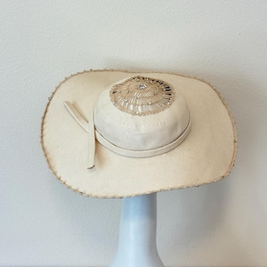 Vintage 1950s Irene Straw Hat, 50s Cream Straw Wide Brim Sun Hat with Crochet Crown, Rhinestone Hat, Spring Hat, Mothers Day Gift