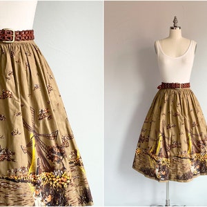 Vintage 1950s Novelty Print Windmill Skirt, 50s Scenic Border Print Full Skirt, Tulip Dutch Print Skirt Fall Fashion, Vintage Clearance