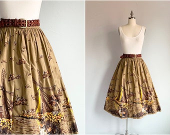 Vintage 1950s Novelty Print Windmill Skirt, 50s Scenic Border Print Full Skirt, Tulip Dutch Print Skirt Fall Fashion, Vintage Clearance