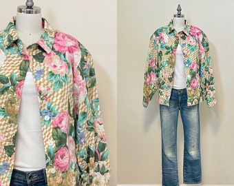 Vintage 80s Perry Ellis Floral Jacket, 1980s Linen Cotton Floral Cabbage Rose Cropped Jacket, Summer Fashion