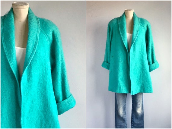 Vintage 80s Mohair Coat / 1980s Turquoise Aqua Woo