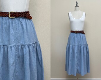 Vintage 80s Chambray Skirt, 1980s Russ Studio Elastic Drop Waist Yoke Indigo Midi Skirt, Spring Fashion