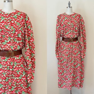 Vintage 70s Strawberry Dress, 1970s Gathered Loose Fitting Red Fruit Dress, Summer Fashion, Summer Dress