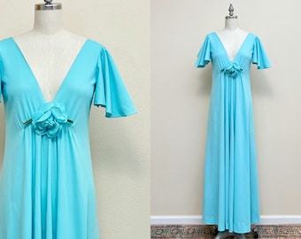 Vintage 70s Maxi Dress, 1970s I Magnin Aqua Blue Poly Matte Jersey Lounge Dress with Flower, Spring Fashion