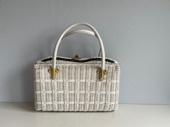 Vintage Wicker Handbag / 1960s Large White Woven … - image 6