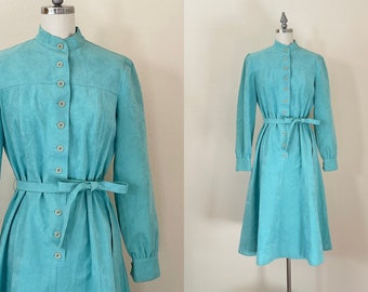 Vintage 1970s Mollie Parnis Dress, 70s Aqua Ultrasuede Chamois Shirtdress, Spring Fashion, Designer Vintage Dress