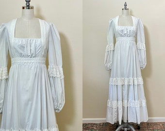 Vintage 70s Gunne Sax Maxi Dress, 1970s White Cotton Lace Prairie Cottage Core, Summer Wedding Dress