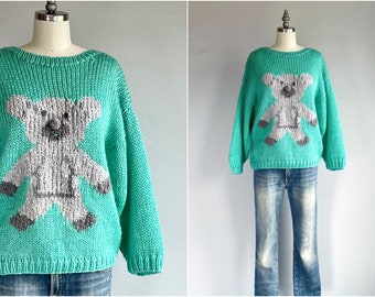Vintage 80s Novelty Koala Bear Sweater, 1980s Hand Knit Aqua Mint Green Oversized Spring Sweater