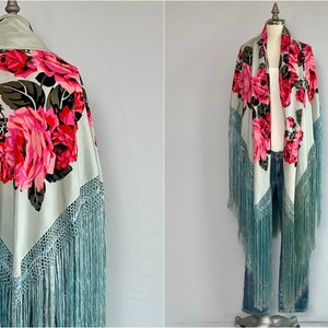 Vintage 20s Silk Fringed Shawl, 1920s Oversized Rose Printed Light Blue Pink Silk Piano Shawl Scarf