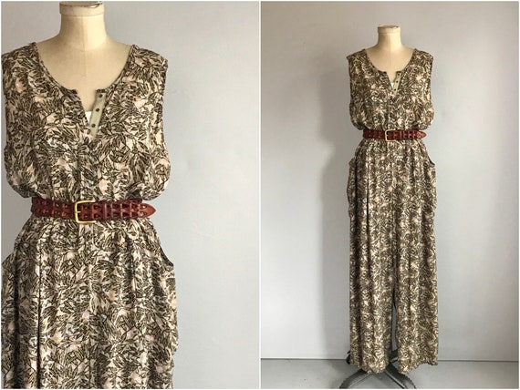 Vintage 90s FLAX Jumpsuit / 1990s Leaf Print Wide