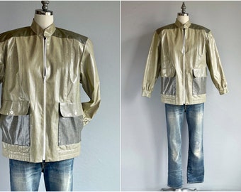 Vintage 80s Laminated Cotton Jacket, 1980s Boxy Grey Cream Cotton Stripe Rain Jacket, Clearance Spring Fashion