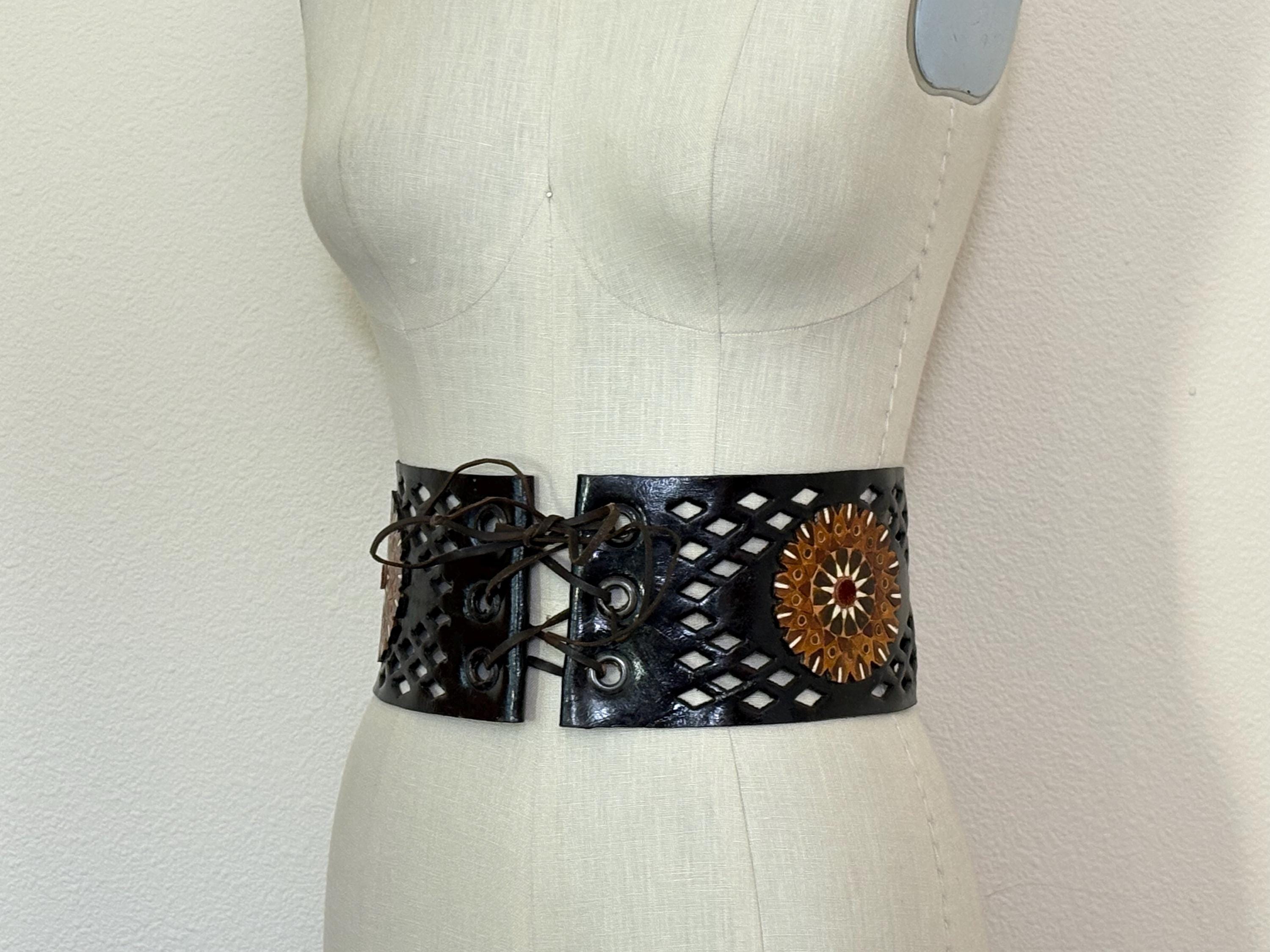 Vintage 1970\'s Mod MCM Olive Green Grey Unique double Wide Corset Belt Green Vintage Belts for sale | eBay main image 3