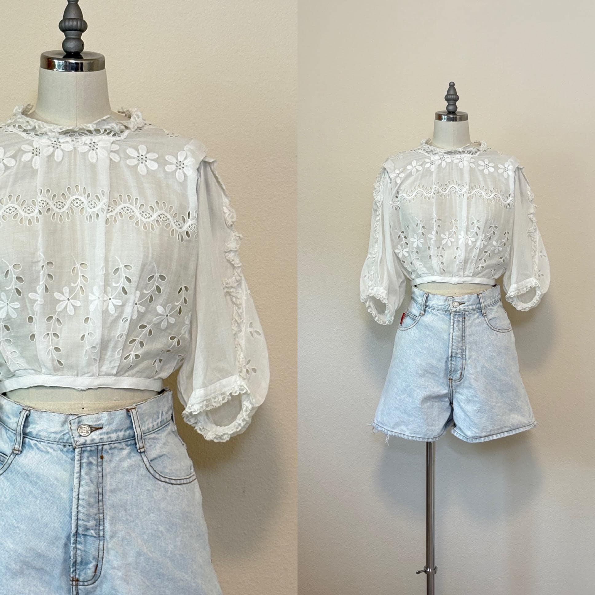 Antique Edwardian Blouse, 1900s Embroidered Eyelet White Cotton Victorian Blouse with Lace Trim, Antique Lace Embroidery Shirt, Midriff Top