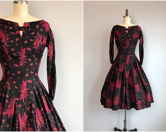 Vintage 50s Silk Dress, 1950s Jonny Herbert Rose Floral Ikat Print Pleated Dress, Black Red Fuchsia, Vintage Clearance Sale