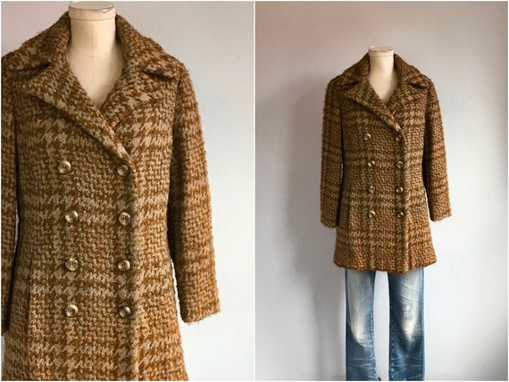 Vintage 70s Wool Coat / 1970s Wool Nubby Tweed Pla
