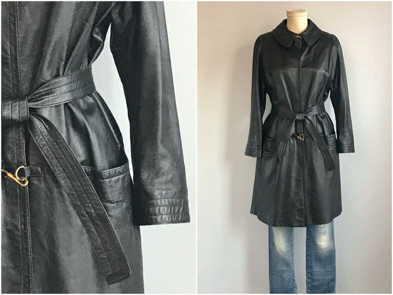 Vintage 60s Bonnie Cashin Coat 1960s Mod Black Leather Trench Jacket with Brass Toggle Clasp