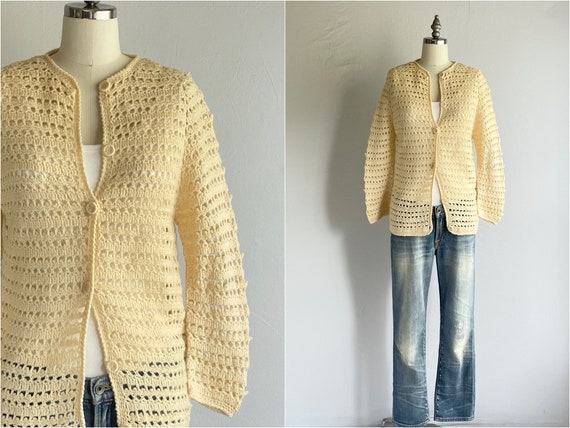 Vintage 60s Crochet Wool Cardigan, 1960s Filenes … - image 1