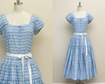 Vintage 50s Cotton Dress, 1950s Blue White Stripe Print Tiered Full Circle Skirt with Rhinestone Buttons, Spring Fashion