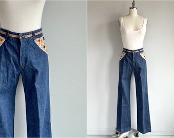 Vintage 70s Patchwork Jeans, 1970s French Dressing High Waist Wide Leg Jeans with Applique Pockets, Vintage Clearance