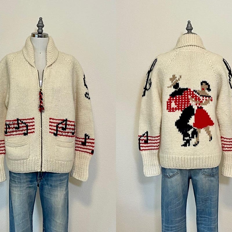VINTAGE 1950s STYLE MENS CANADA COWICHAN GRAPHIC KNIT ROCKABILLY CARDIGAN L 42”