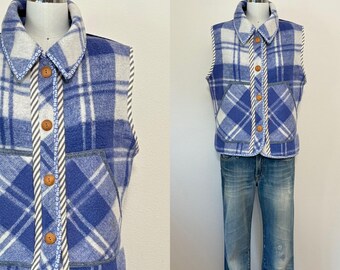 Wool Blanket Vest, Upcycled Blue White Plaid Cotton Wool Button Front Vest, Fall Fashion