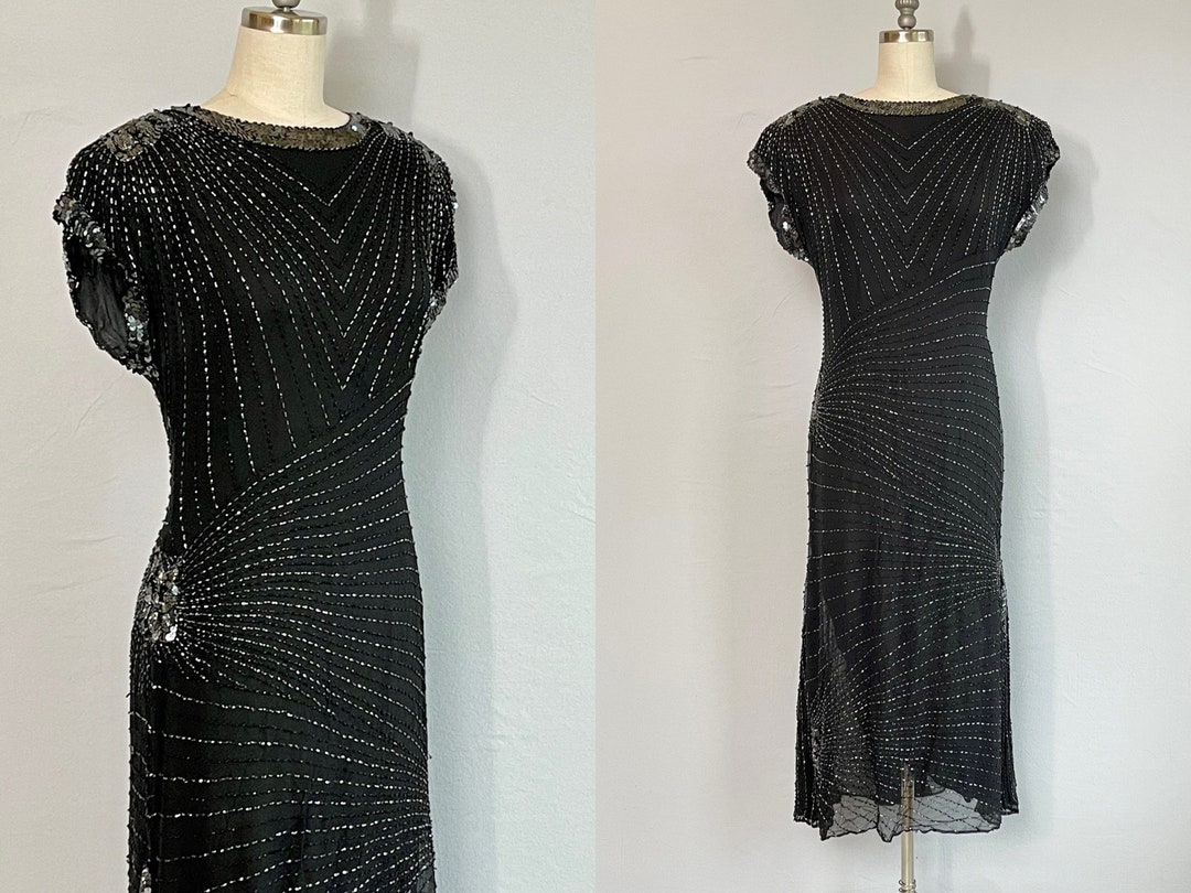 1980s Oleg Cassini Black Silk Dress with Red Trim