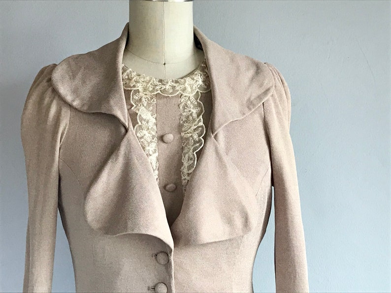 Vintage 70s Young Innocent Maxi Dress Set 1970s Arpeja Tan Jersey Lace Trimmed with Fitted Peplum Jacket 70s does 30s