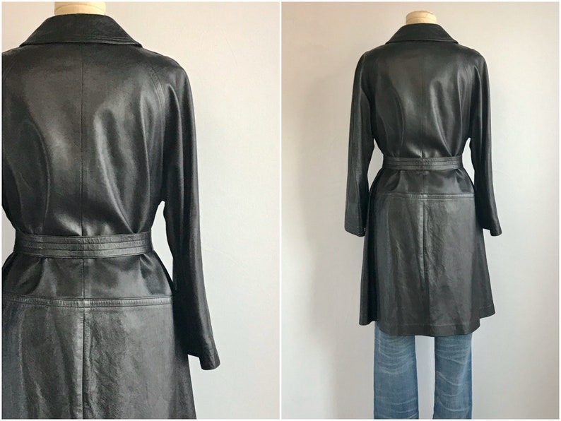 Vintage 60s Bonnie Cashin Coat 1960s Mod Black Leather Trench Jacket with Brass Toggle Clasp