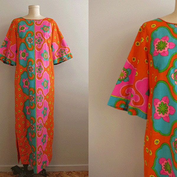 Vintage Maxi Dress /  60s Mod Ethnic Print Floor Length Caftan Dress Orange Pink Turquoise