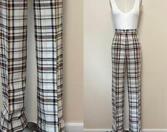 Vintage 1970s Plaid Pants, 70s Intuitions Kathy Manning High Waist Silk Poly Blend Cuffed Trousers